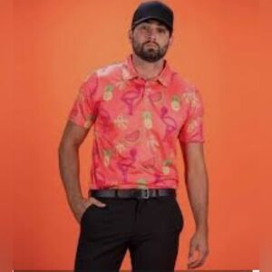 Proud 90 Orange Short Sleeves Golf Shirt Top Size S Flamingo Tropical Pineapple